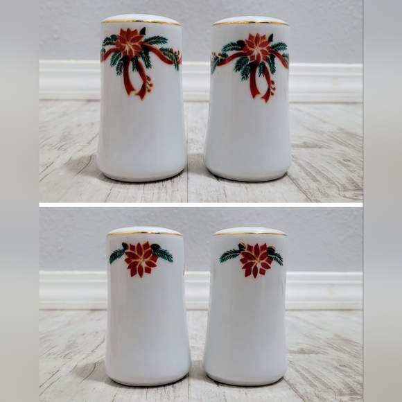 Poinsettia & Ribbons Salt & Pepper Porcelain Shaker Set 3.5" Tall VTG Christmas - Picture 4 of 16